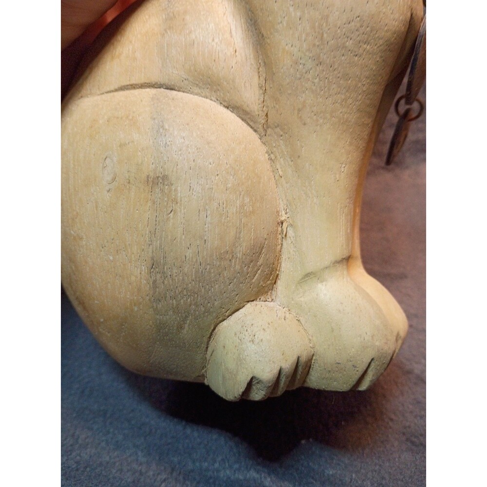 Vintage Hand Carved Wooden Cat Folk Art Sculpture Brass Collar Rustic Whimsical - Picture 11 of 14